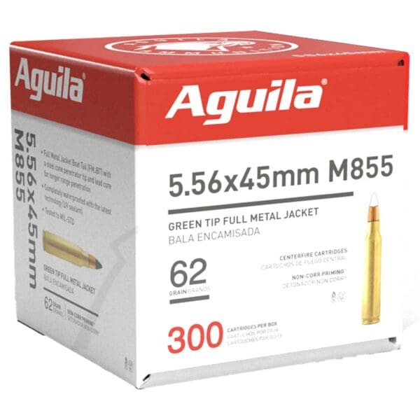 Aguila 1E556125 Green Tip M855 5.56x45mm NATO 62 gr Full Metal Jacket Boat Tail 300 Per Box