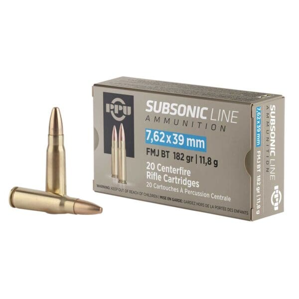 PPU PPS76239 Subsonic 7.62x39mm 182 gr Full Metal Jacket Boat Tail 20 Per Box