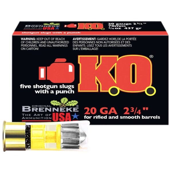 Brenneke SL202KO K.O. 20 Gauge 2.75" 3/4 oz Slug Shot 5 Per Box
