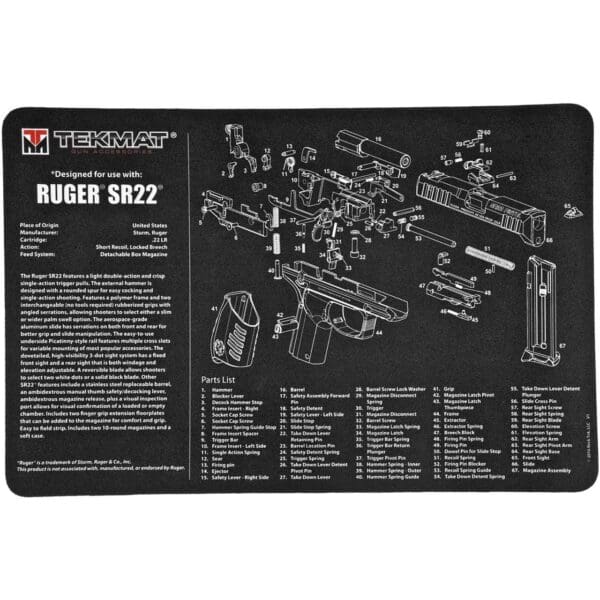 TekMat TEKR17RUGERSR22 Ruger SR22 Cleaning Mat Black/White Rubber 11"x17" Ruger SR22 Parts Diagram